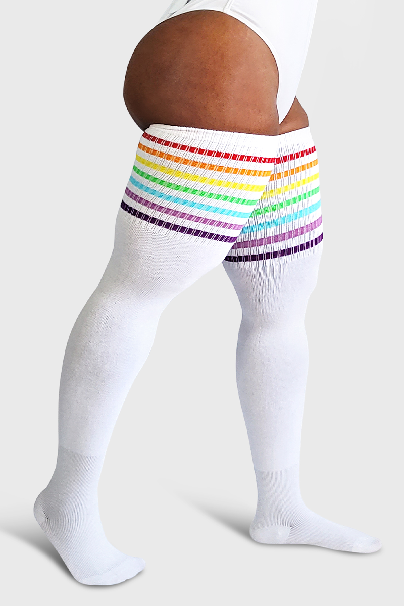 Plus Size Thigh High Socks in White with Rainbow Stripes - The Sockery