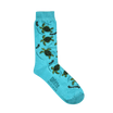 Turquoise sock with turtle design on a black background