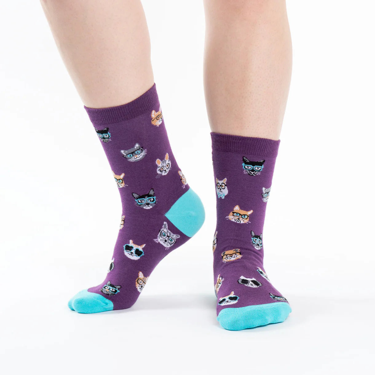 A Purple Women's Crew Socks with very clever looking cats wearing glasses and bowties. Socks have a blue top, toe and heel - The Sockery