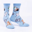 Light blue socks with cartoon cat designs on a white background