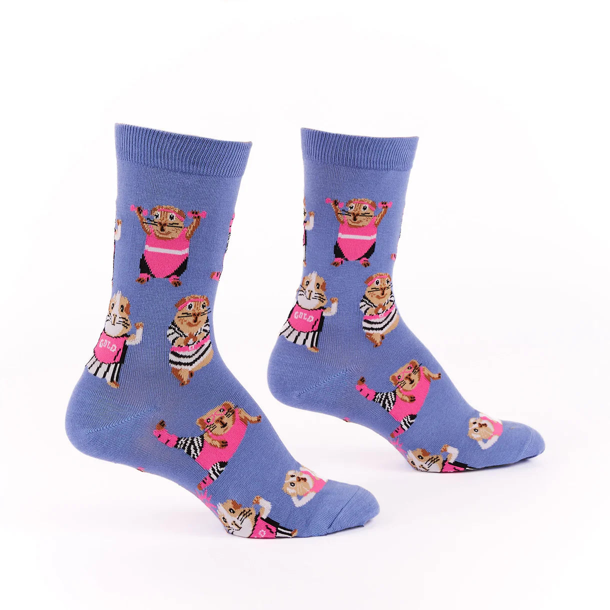 Pair of socks with guinea pig-themed design on a white background