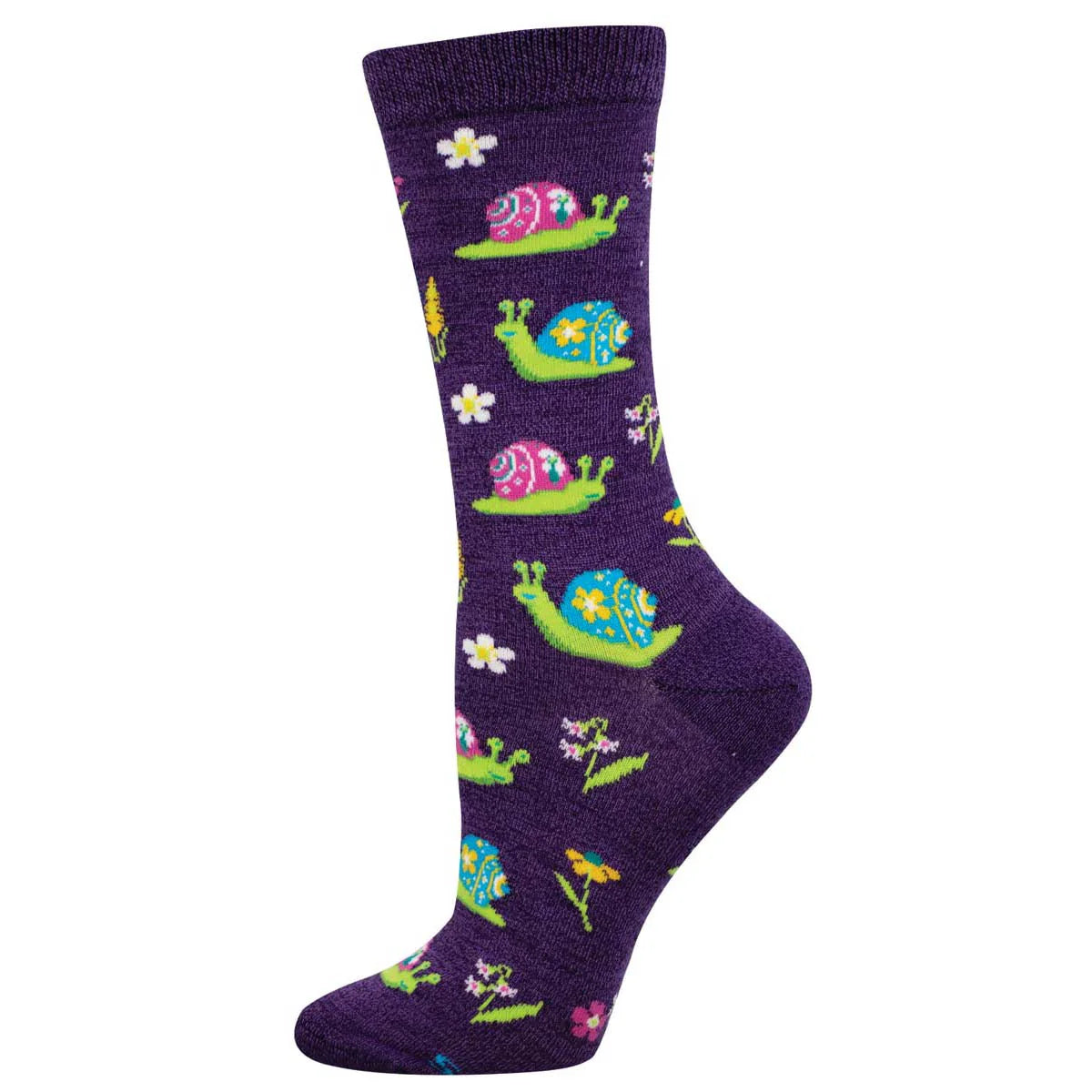 Purple sock with snail and flower pattern on a white background