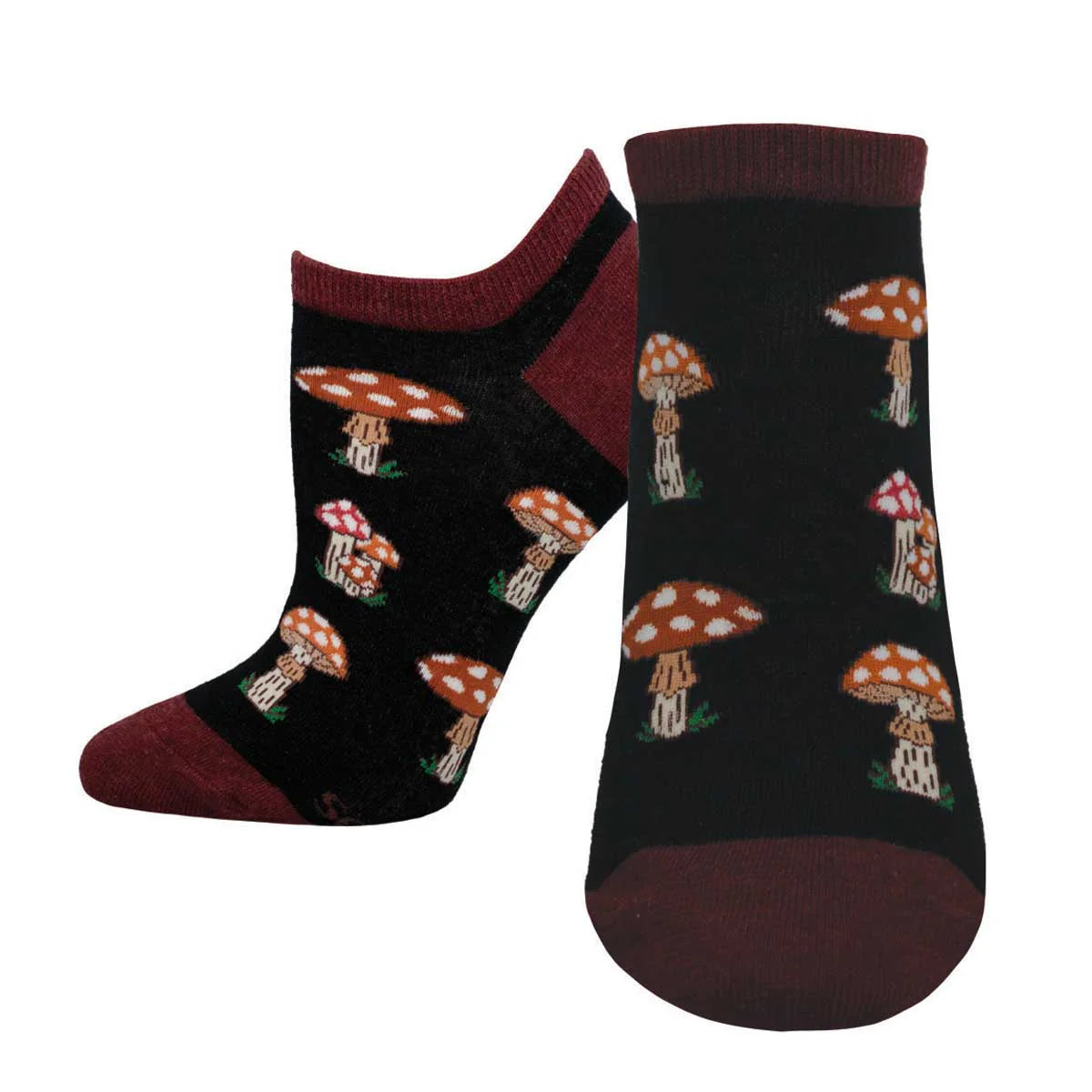 Pair of socks with mushroom pattern on a white background