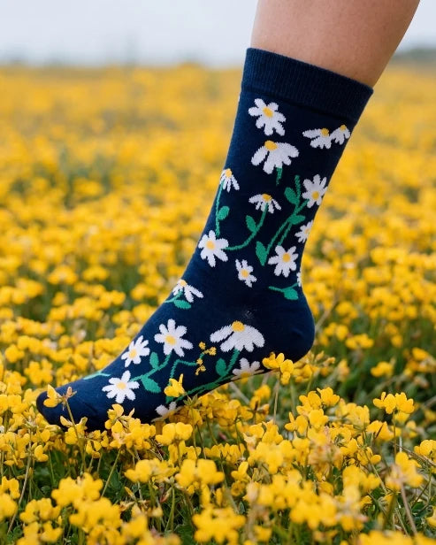 Daisies on Navy Women's Bamboo Crew Socks