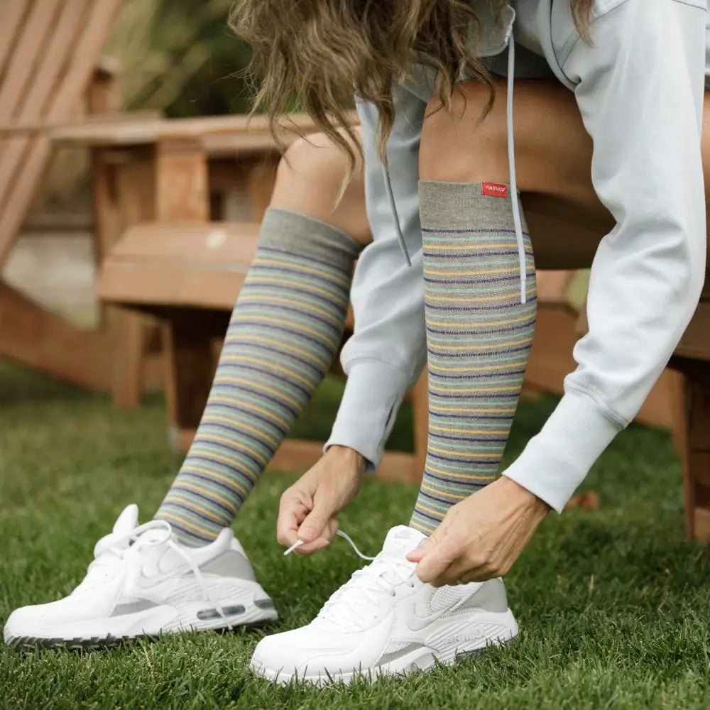 Pinstripe Grey, Blue, Yellow Cotton Compression Knee Highs - Wide Calf