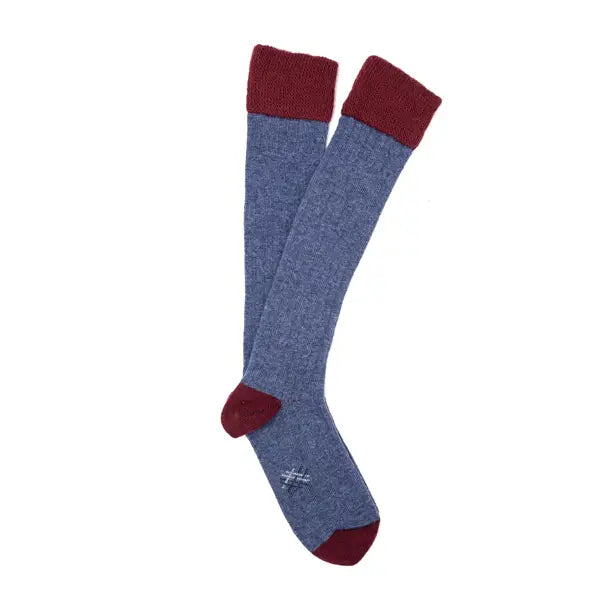 Wool Ribbed Knee High Sock in Blue and Plum