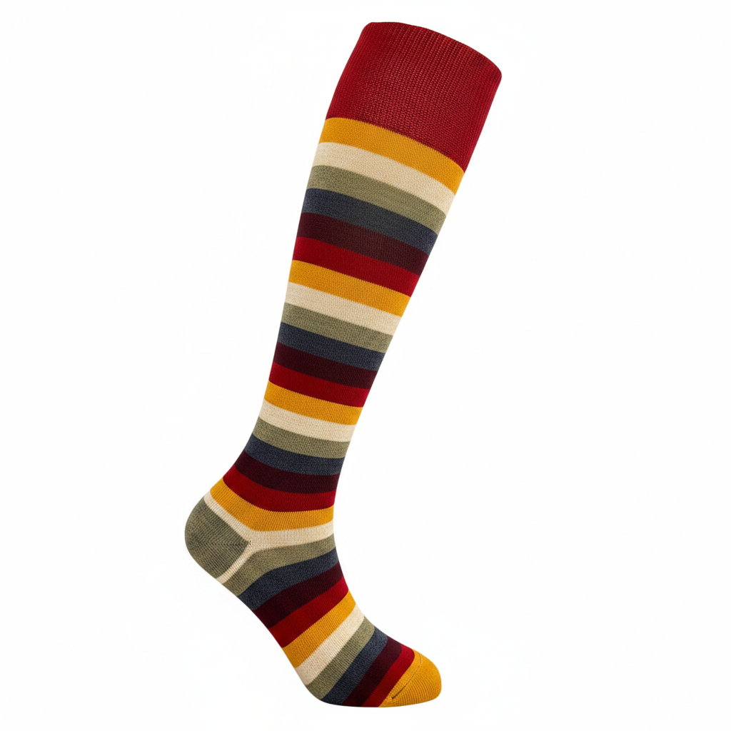 Knee high socks with a striped pattern in various colors including red, orange, yellow, green, blue, and gray.
