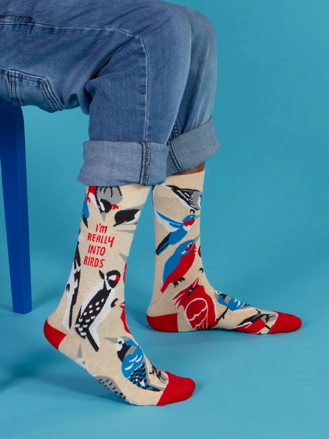 Person wearing colorful socks with bird designs on a blue background