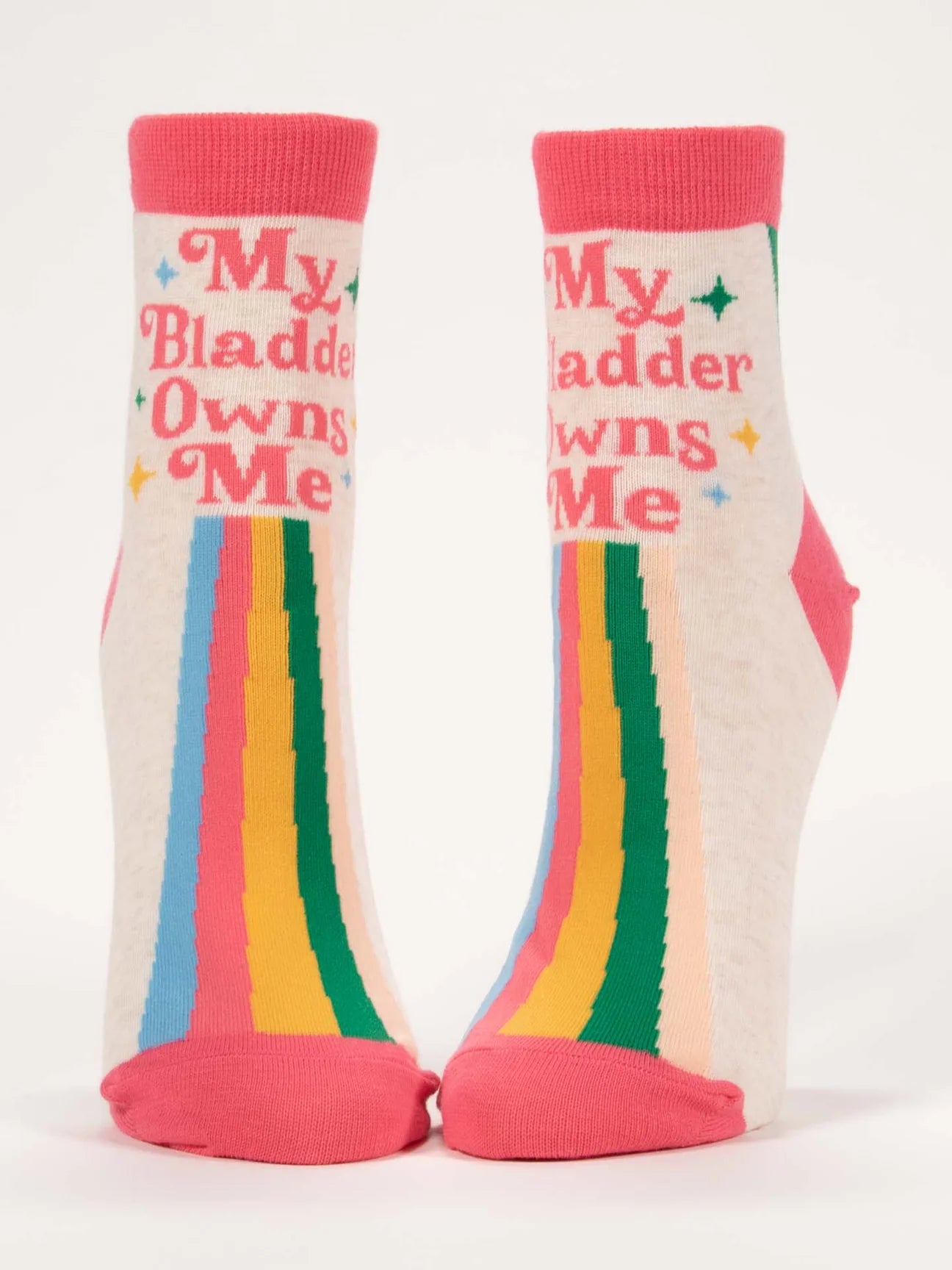 Colourful socks with text 'My Bladder Owns Me' on a white background