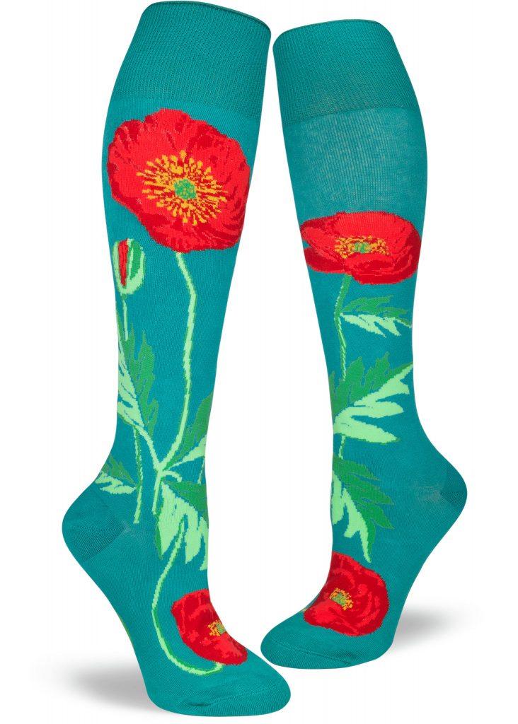Bold Poppies on Turquoise Women's Knee High Socks - The Sockery