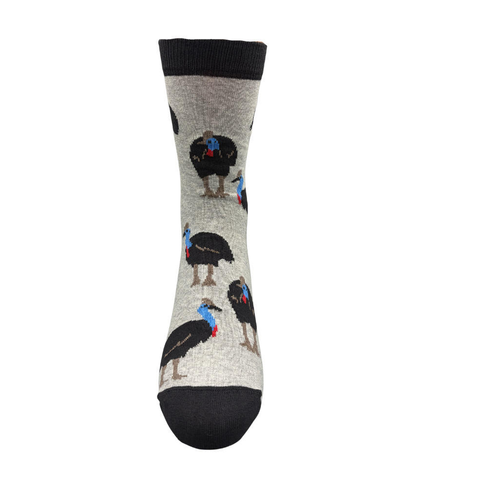 Sock with cassowary design on a grey background - The Sockery