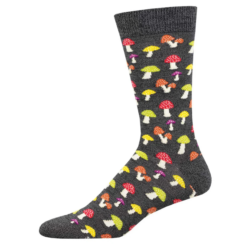charcoal sock with colourful mushrooms - The Sockery