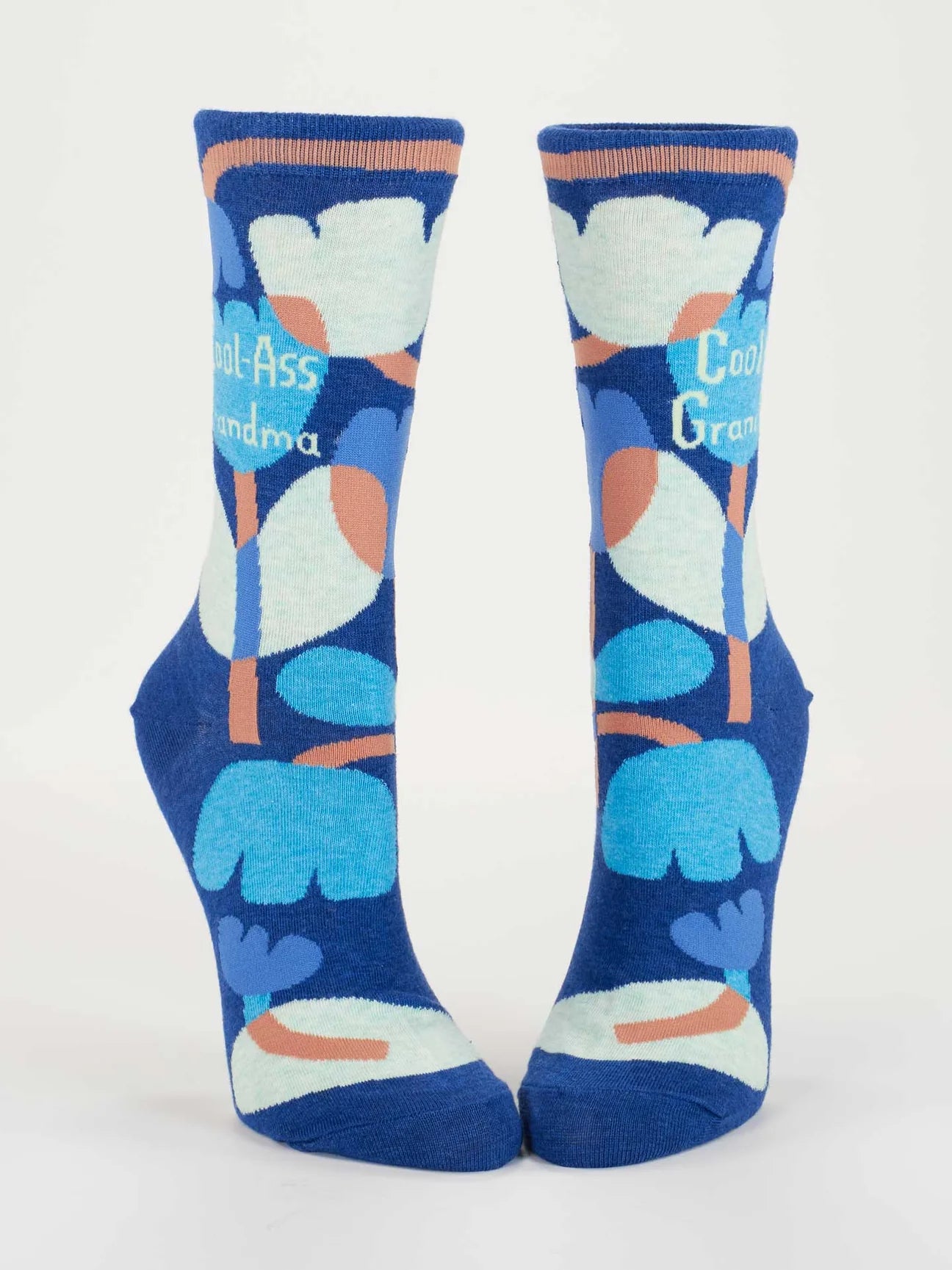 Blue socks with floral pattern and text on a white background