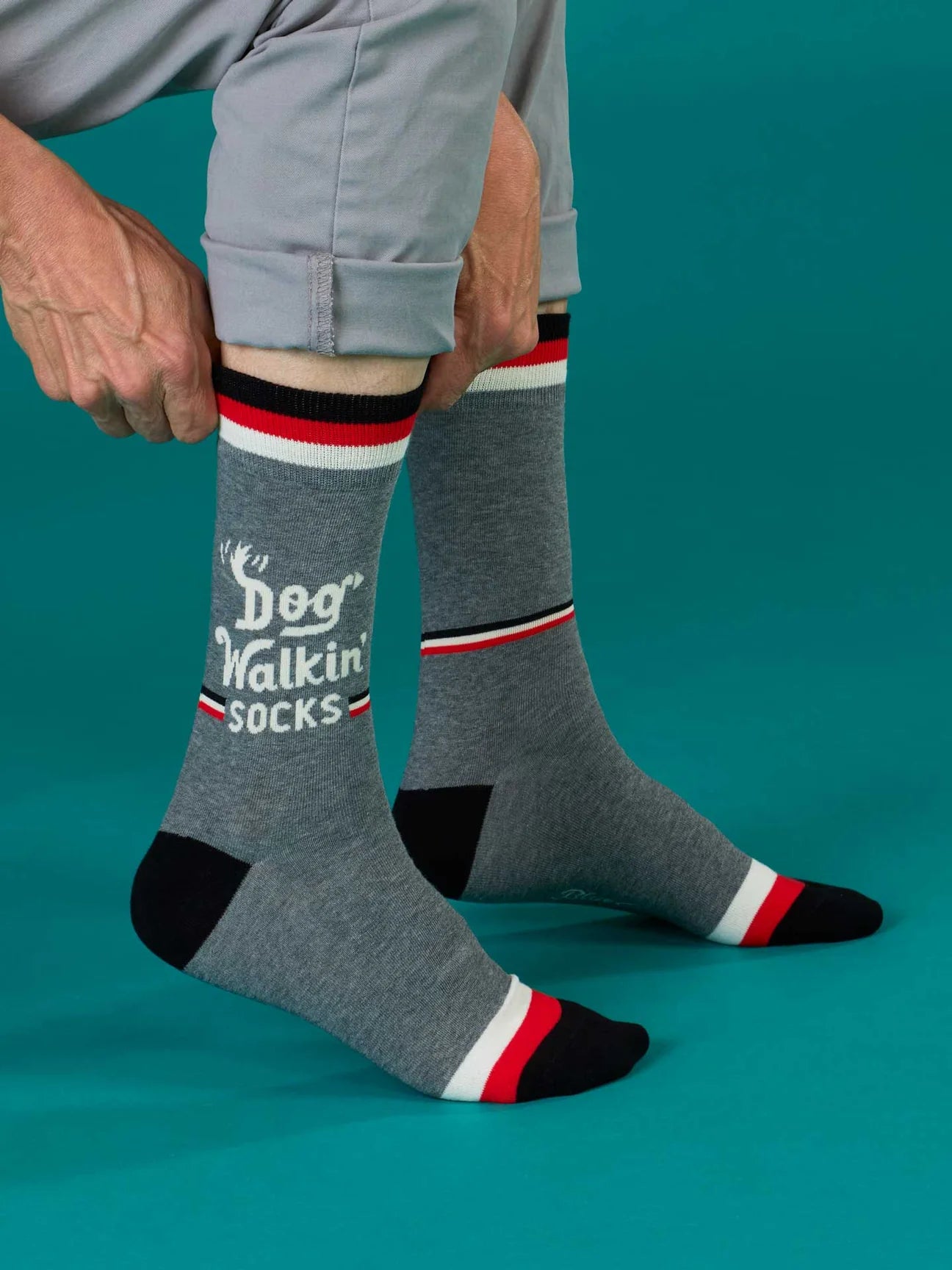 Gray socks with text and colorful stripes worn by a person on a teal background