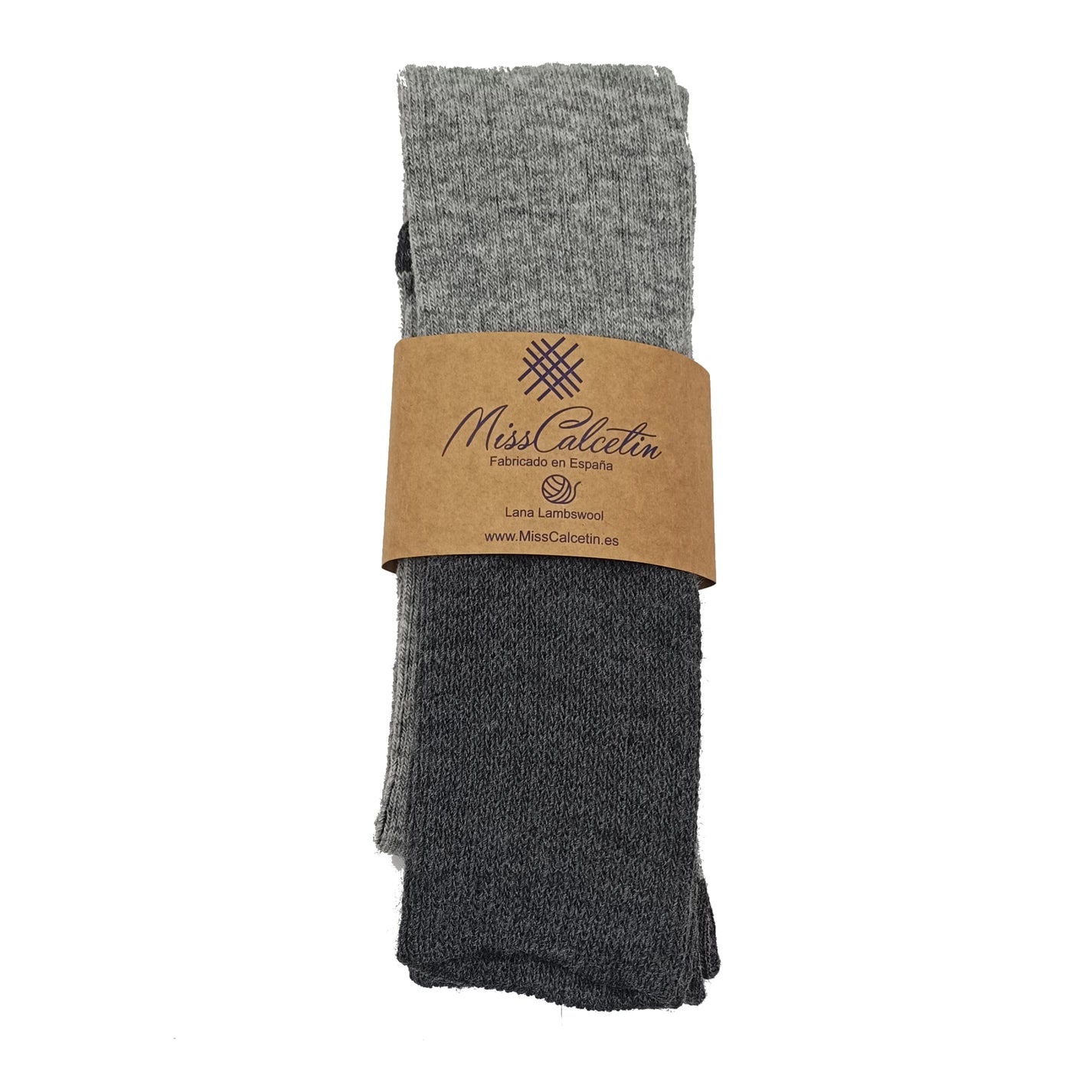 Pair of gray socks with a brown label on a white background