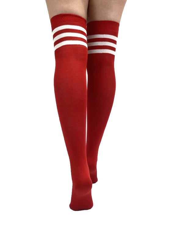 Referee Over The Knee Socks in Red with White Stripes - The Sockery