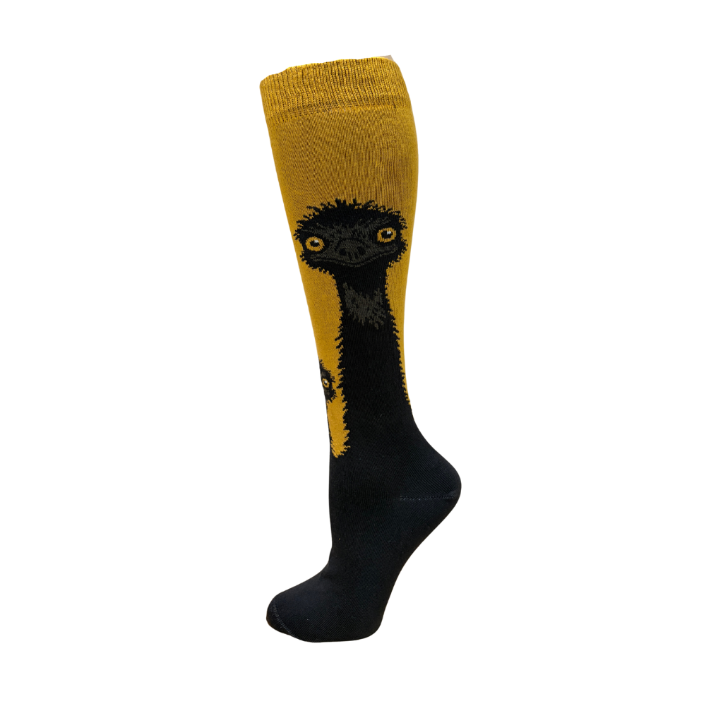 Knee-high sock with emu design on a white background