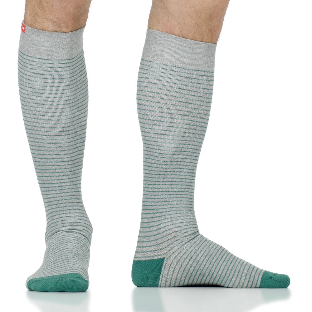 Wide Calf Pinstripe Grey and Green Cotton Moderate Compression Knee Highs