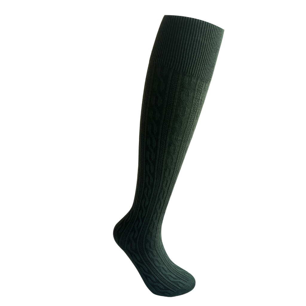 A single dark forest green knee-high sock with a cable knit pattern, shown on a plain white background.