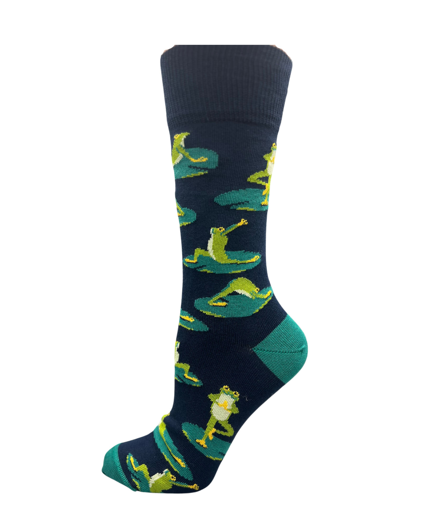 frogs doing yoga on a navy sock - The Sockery