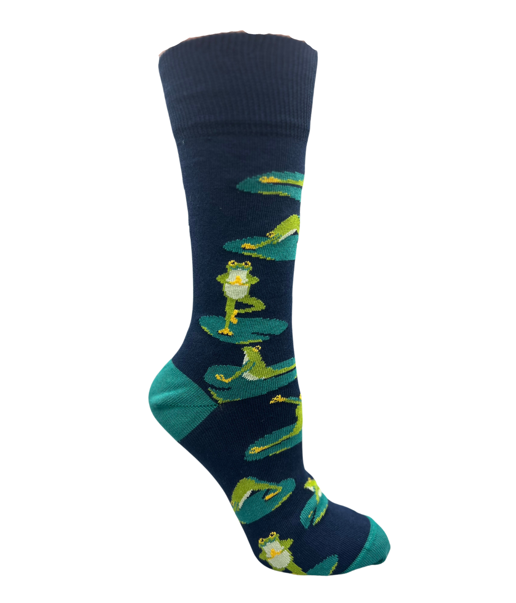 frogs doing yoga on a navy sock - The Sockery