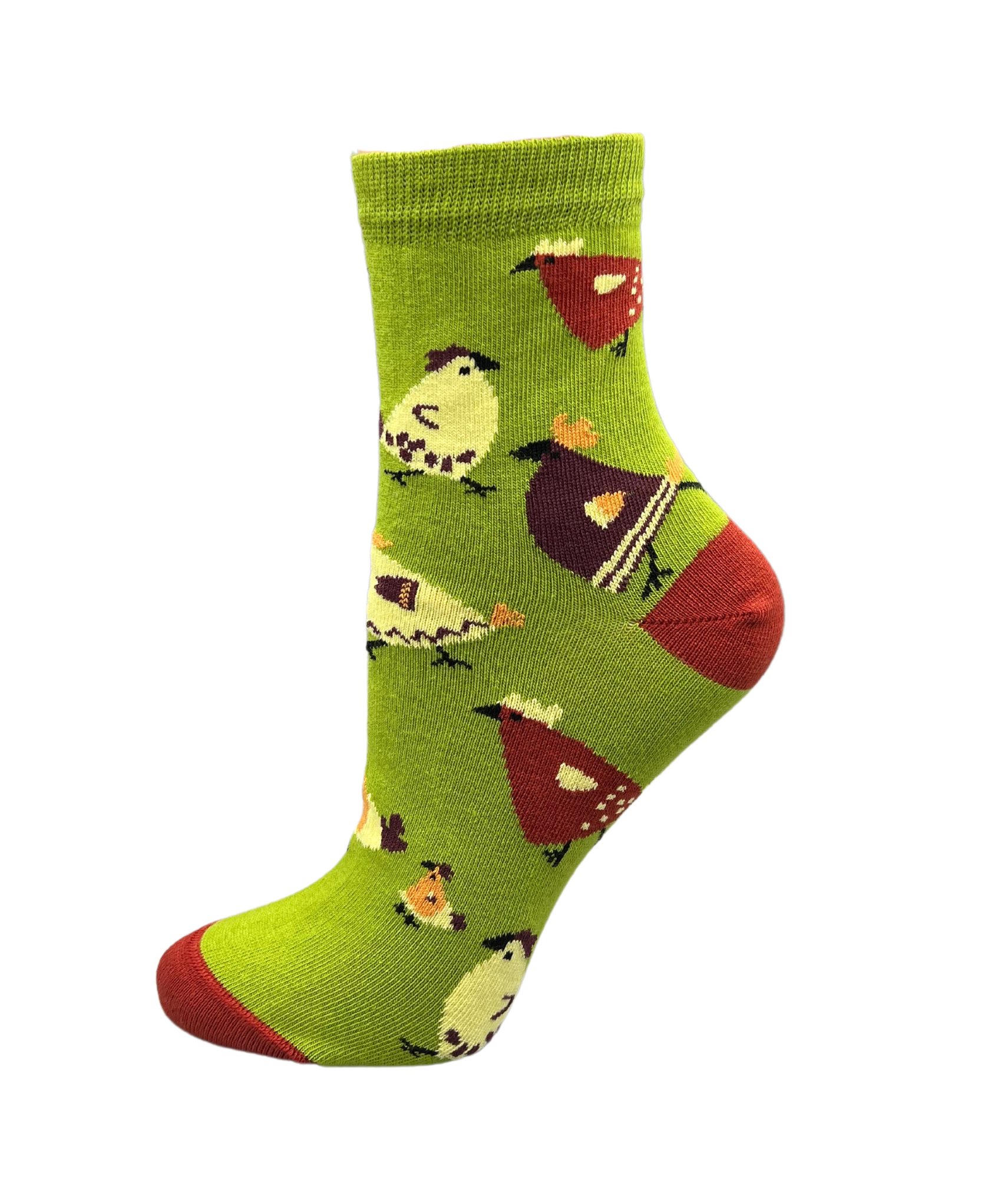 Funky chickens on an apple green sock _ the sockery