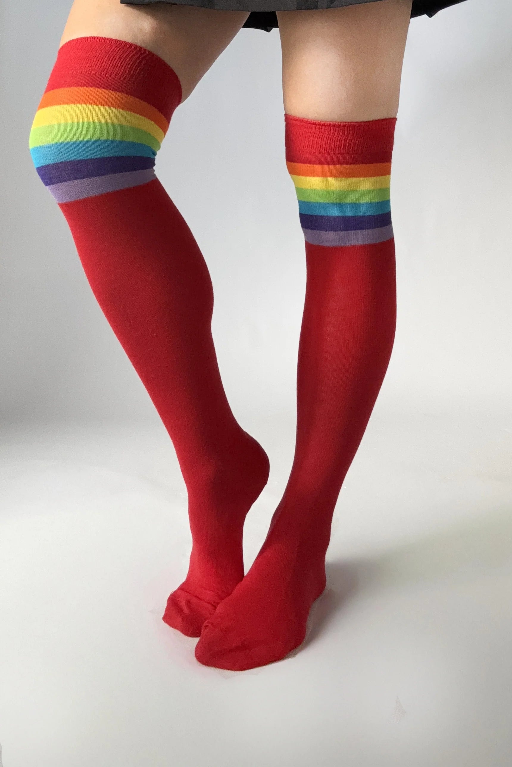Referee Over The Knee Socks in Red with Rainbow Stripes