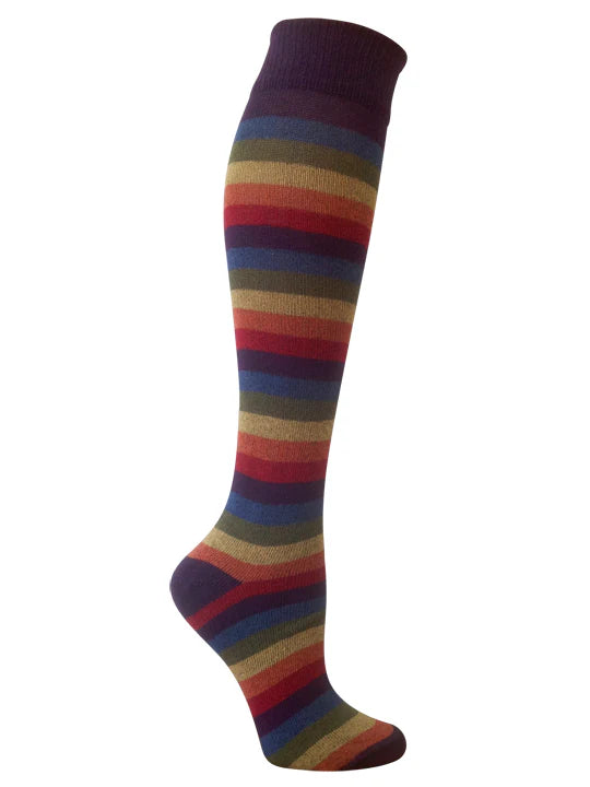 Multicolored striped knee-high sock on a white background