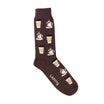A single dark brown crew sock with a repeating pattern of coffee cups and saucers in beige and white, featuring the brand name 'LAFITTE' printed in white near the toe, shown on a plain white background.
