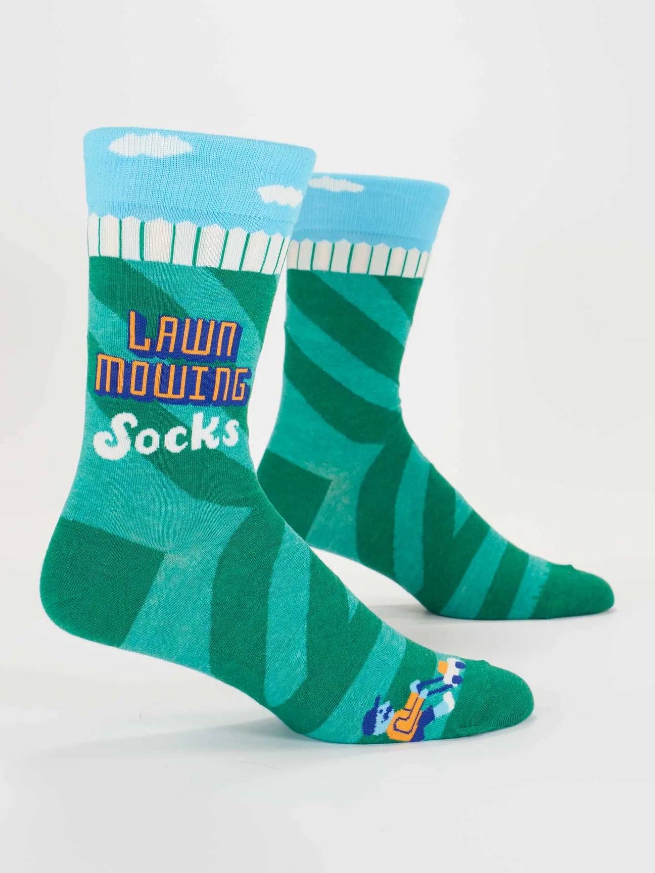 Green and blue socks with 'Lawn Mowing Socks' text on a white background