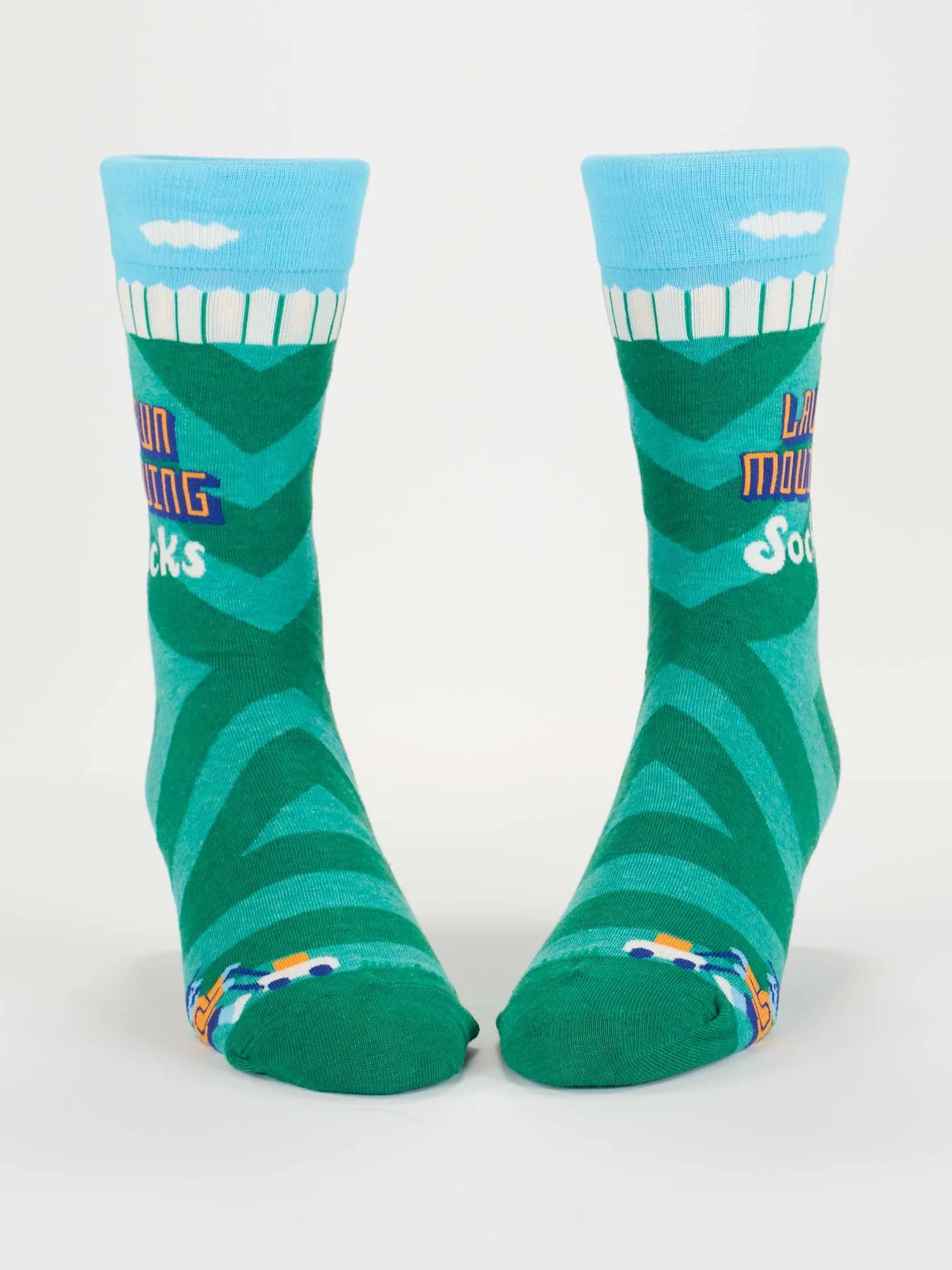 Green and blue socks with 'Lawn Mowing Socks' text on a white background
