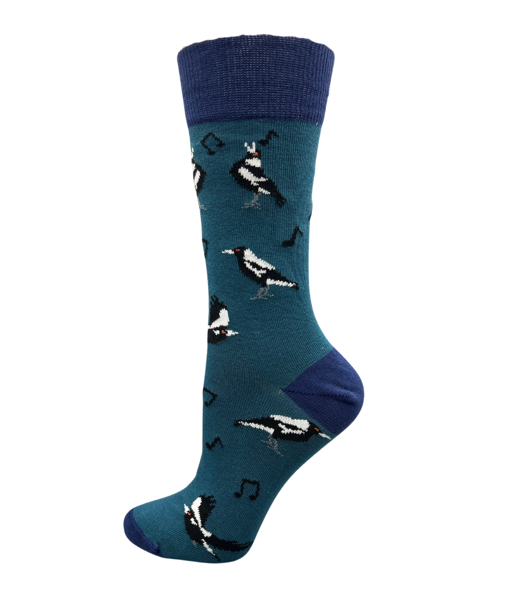 magpie birds on a petrol blue sock - The Sockery