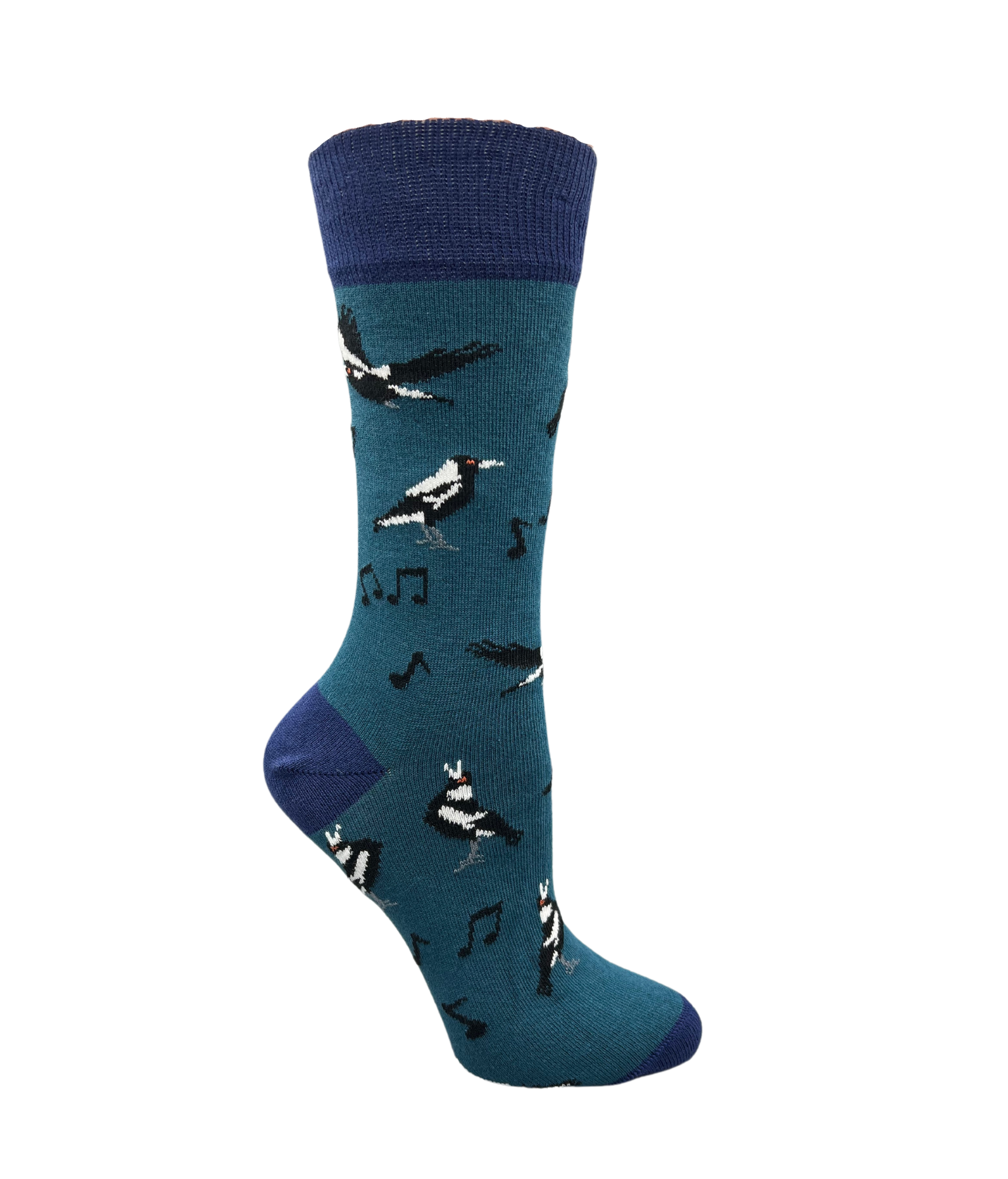 magpie birds on a petrol blue sock - The Sockery