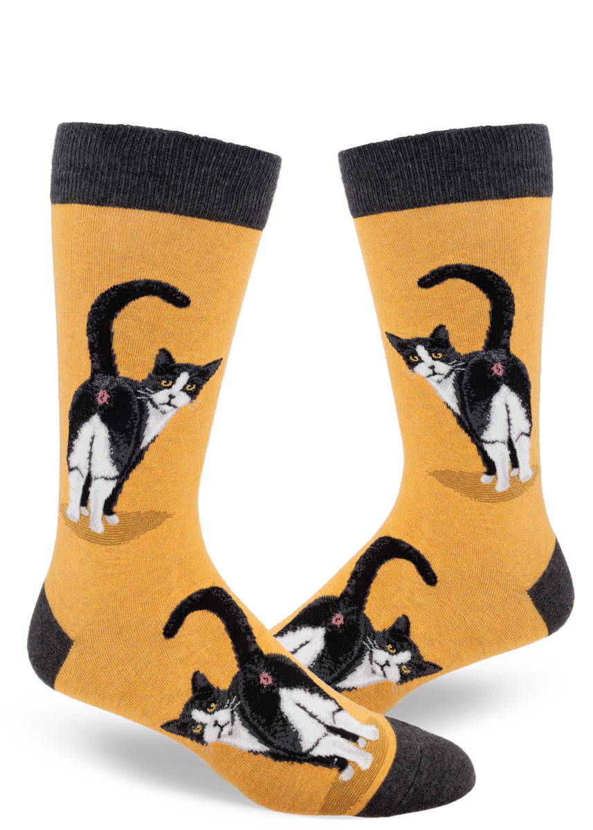 Tuxedo Cat Butt Men's Crew Sock in Heather Gold