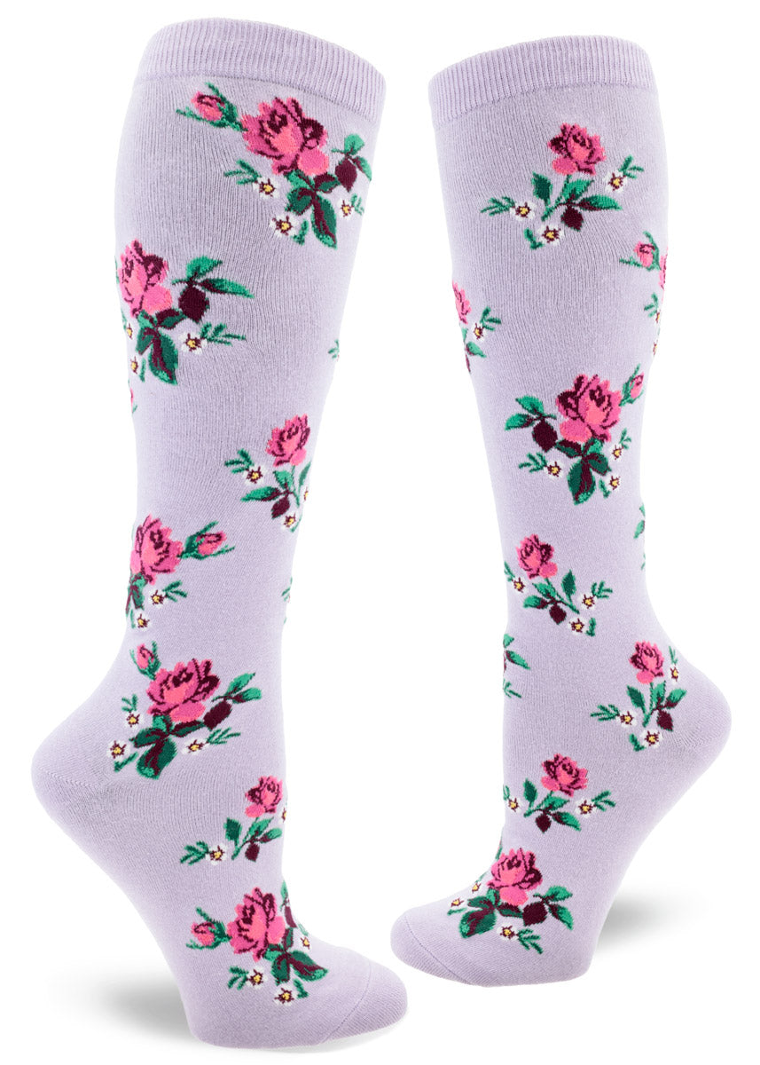 Pink Roses on Lavender Women's Knee High Socks - The Sockery