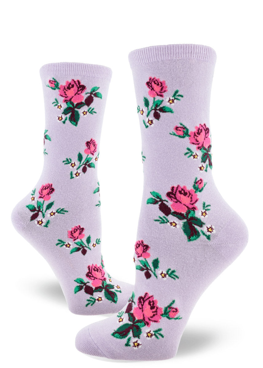 Pink Roses on Lavender Women's Crew Sock - The Sockery