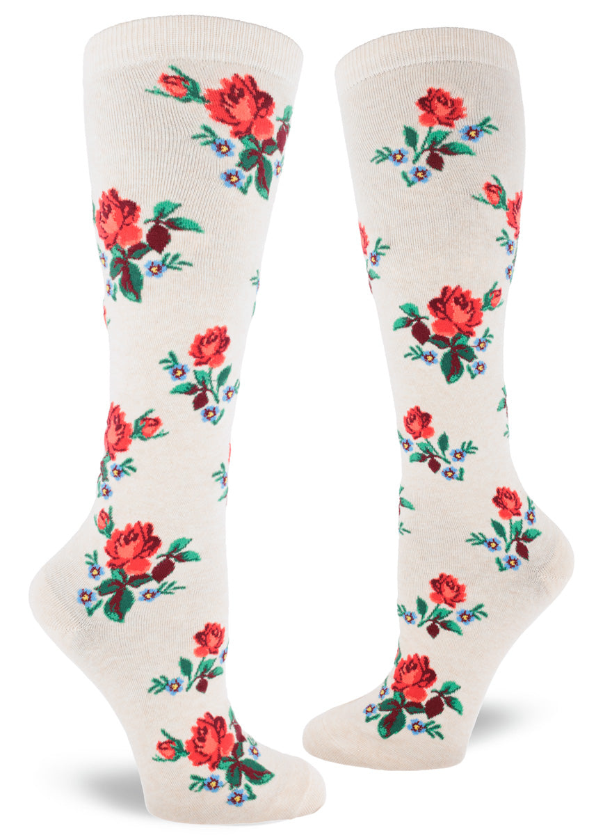 Red Roses on Cream Women's Knee High Socks - The Sockery