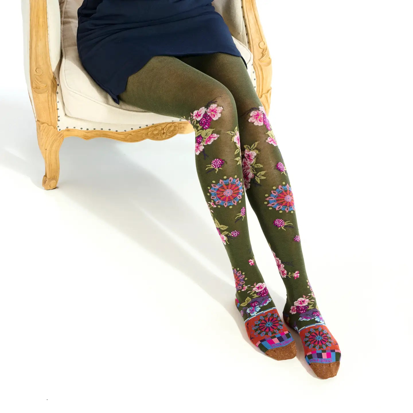 green tights with floral design