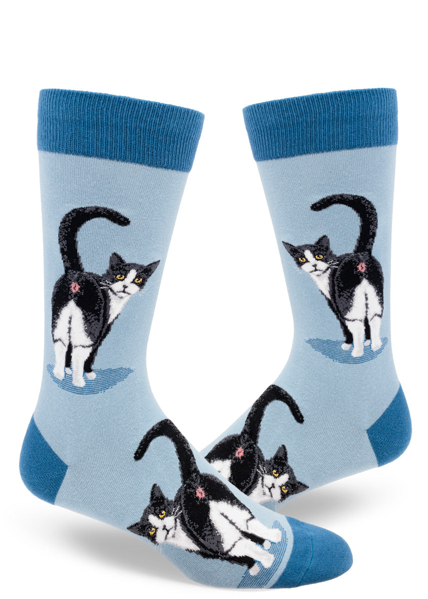 Tuxedo Cat Butt Mens Crew Socks in Blue - The Sockery