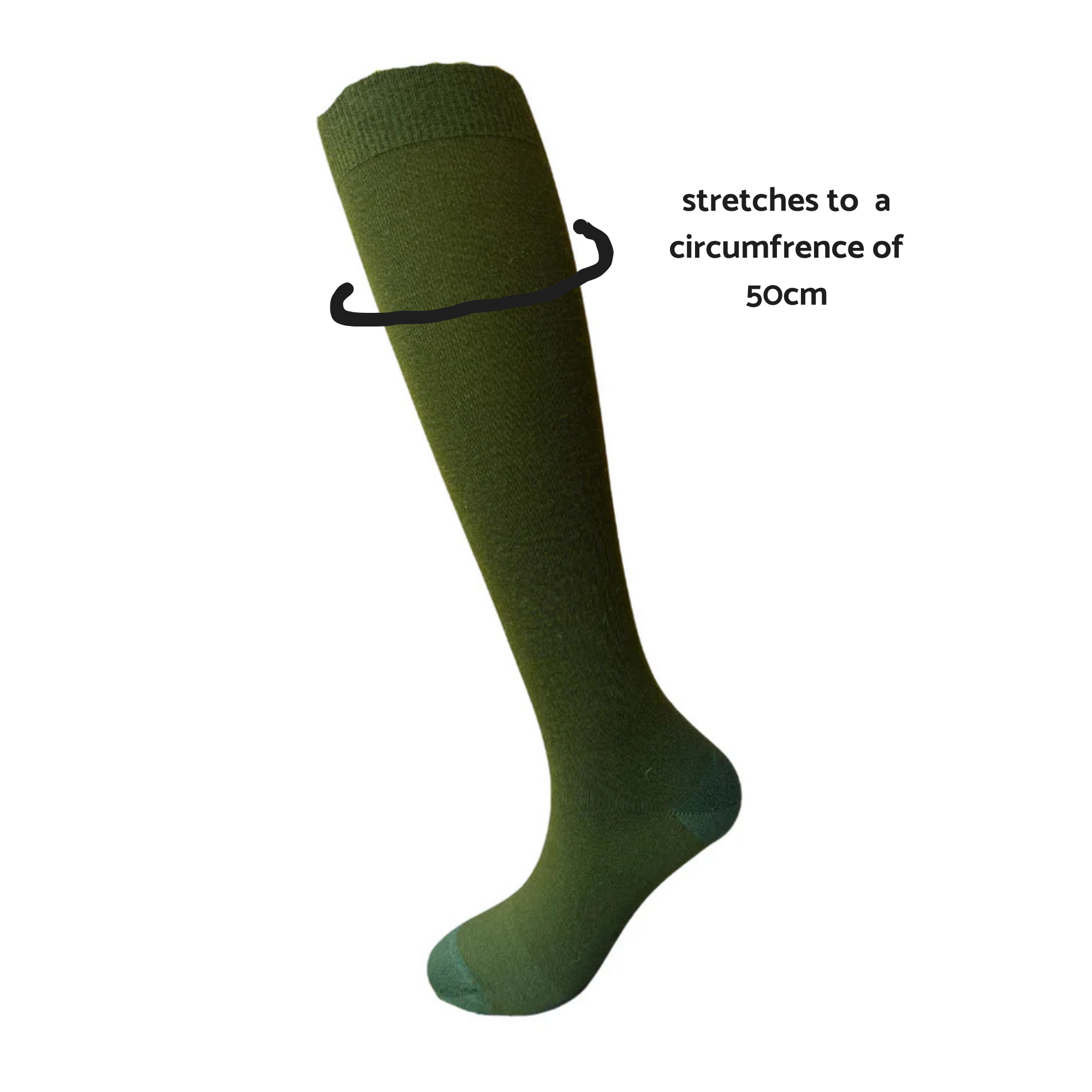Green knee-high sock with text indicating size on a white background