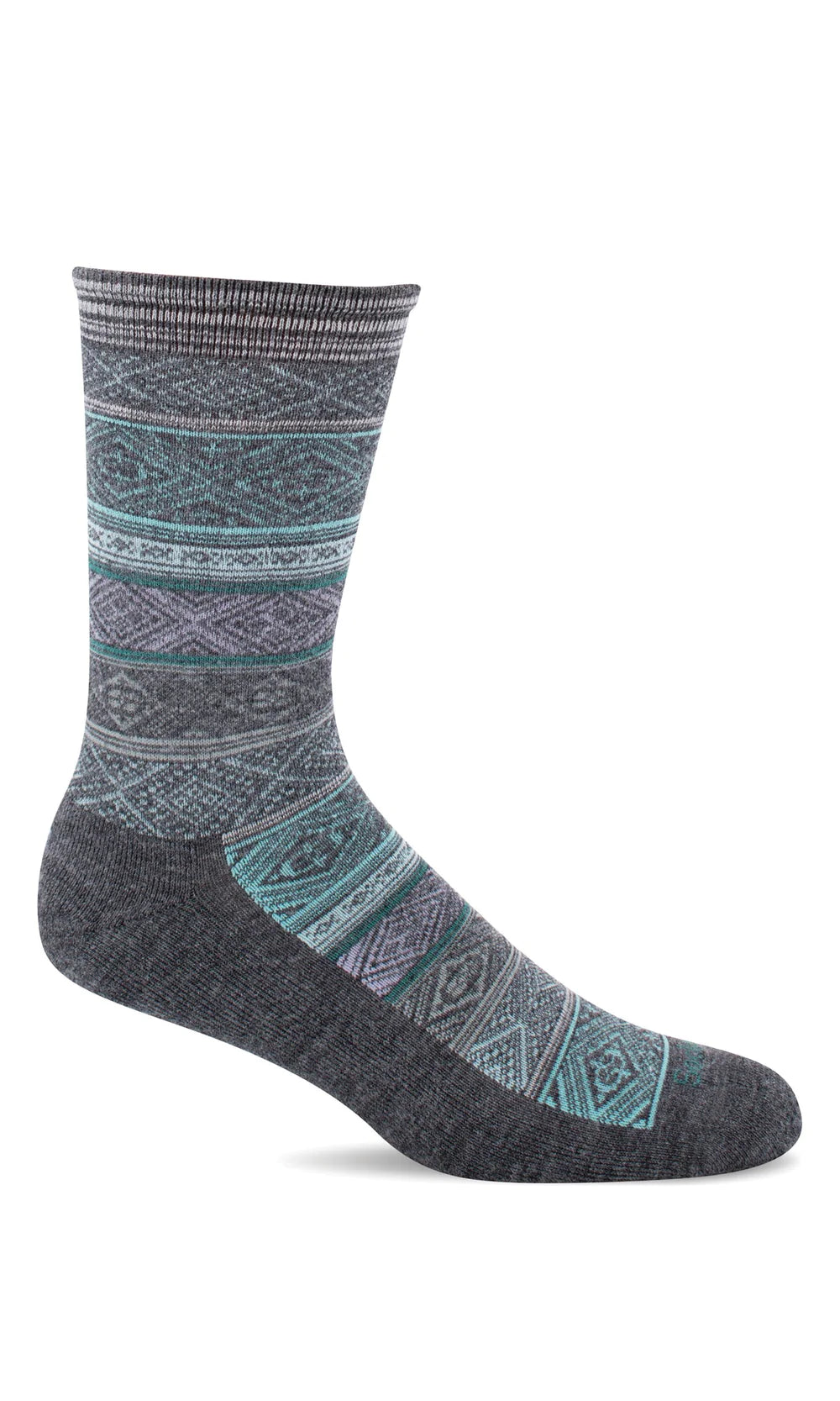 Charcoal and turquoise pattern on a soft top crew sock - The Sockery