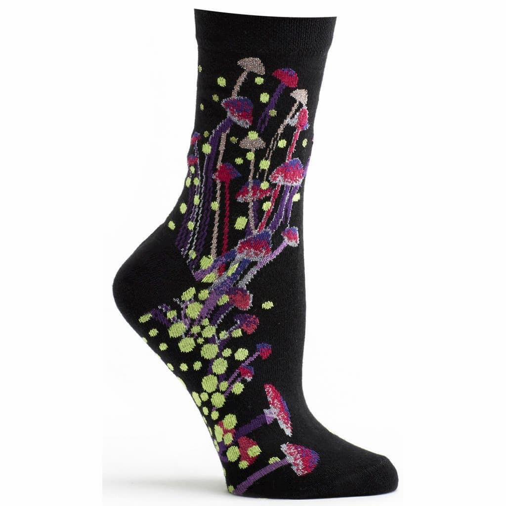 womens black crew sock with purple fungi design with bright green spores floating down