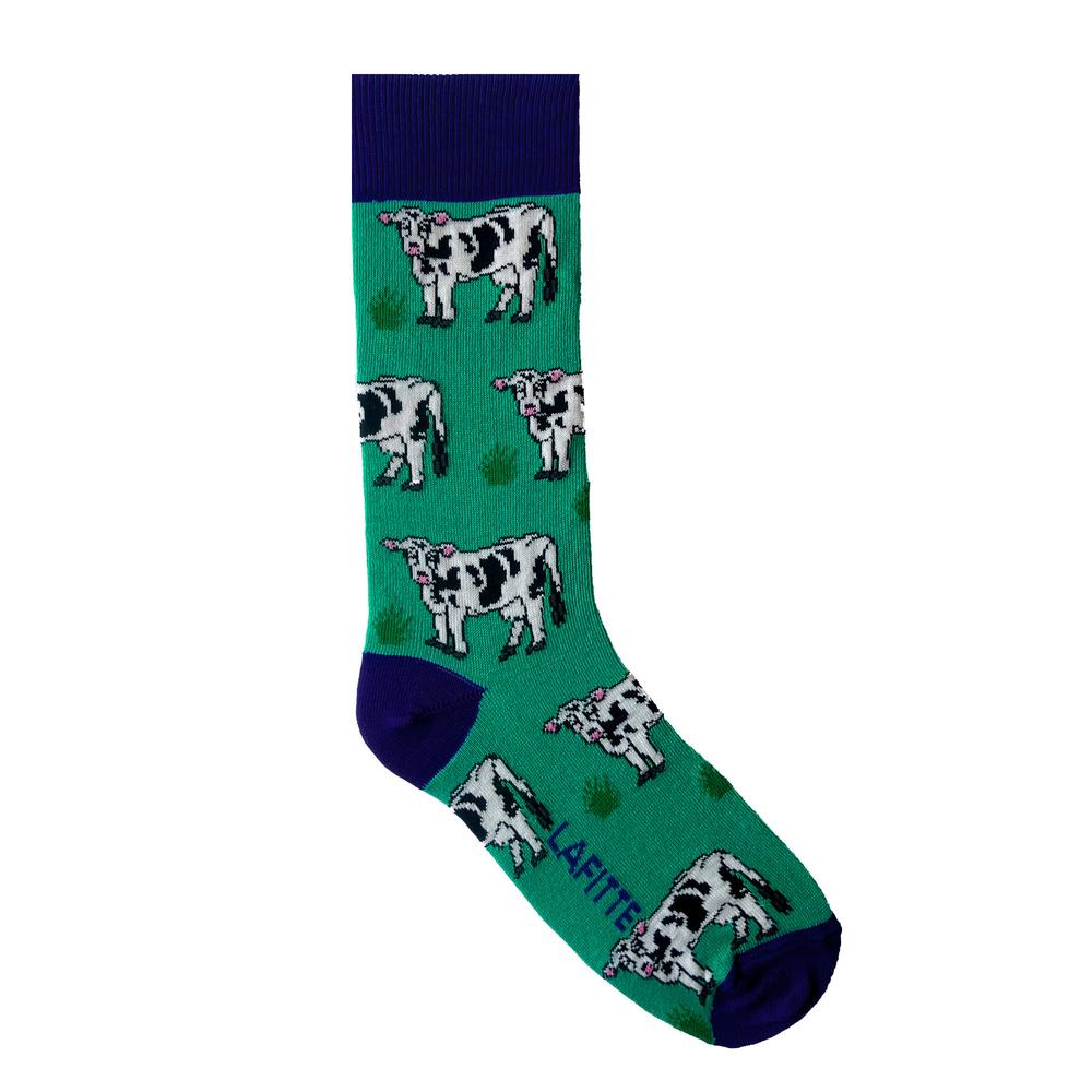 green crew sock with black and white cows - The Sockery
