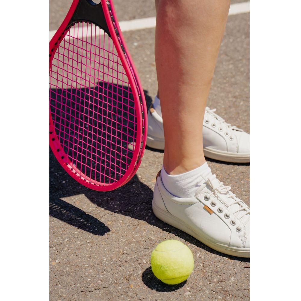 woman wearing white Australian made ankle sock playing tennis - The Sockery