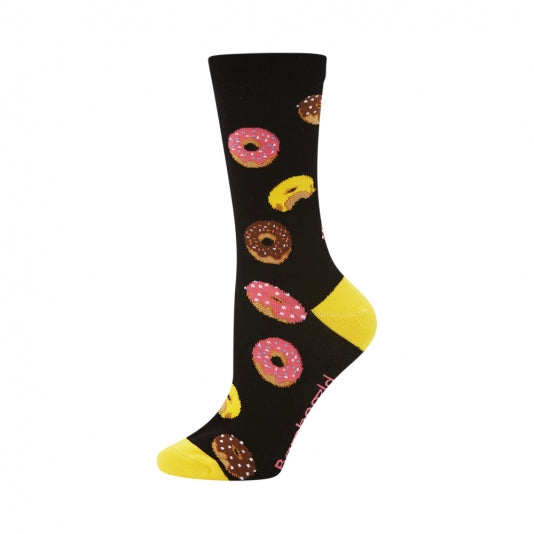 Black women's socks with donuts with pink, brown and yellow icing all over. Some donuts have sprinkles. Yellow heel and toe - The Sockery