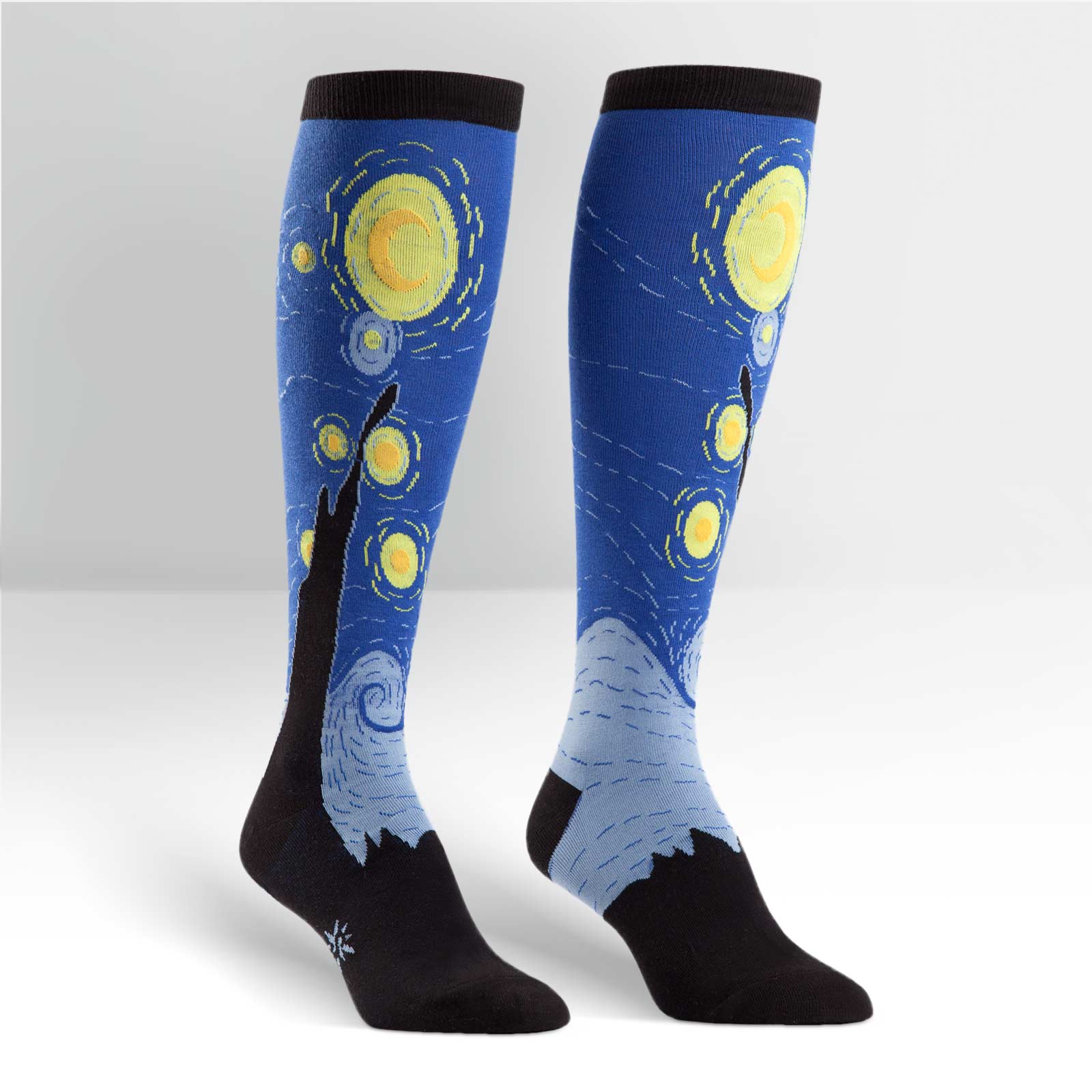 Stretchy Women's knee high socks with a design inspired by 'Starry Night' by Vincent Van Gogh - The Sockery