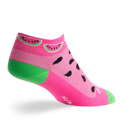 pink sport or running sock crew with watermelons around the cuff and black sees on the front of the sock