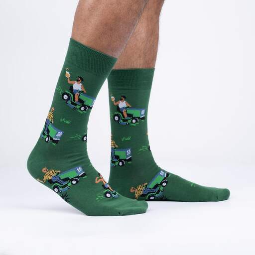 Green mens novelty socks with men riding ride on mowers. One is holding a beer mug - The Sockery