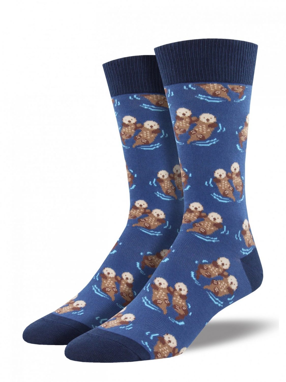 mens blue novelty sock with cute otters holding hands in the sea