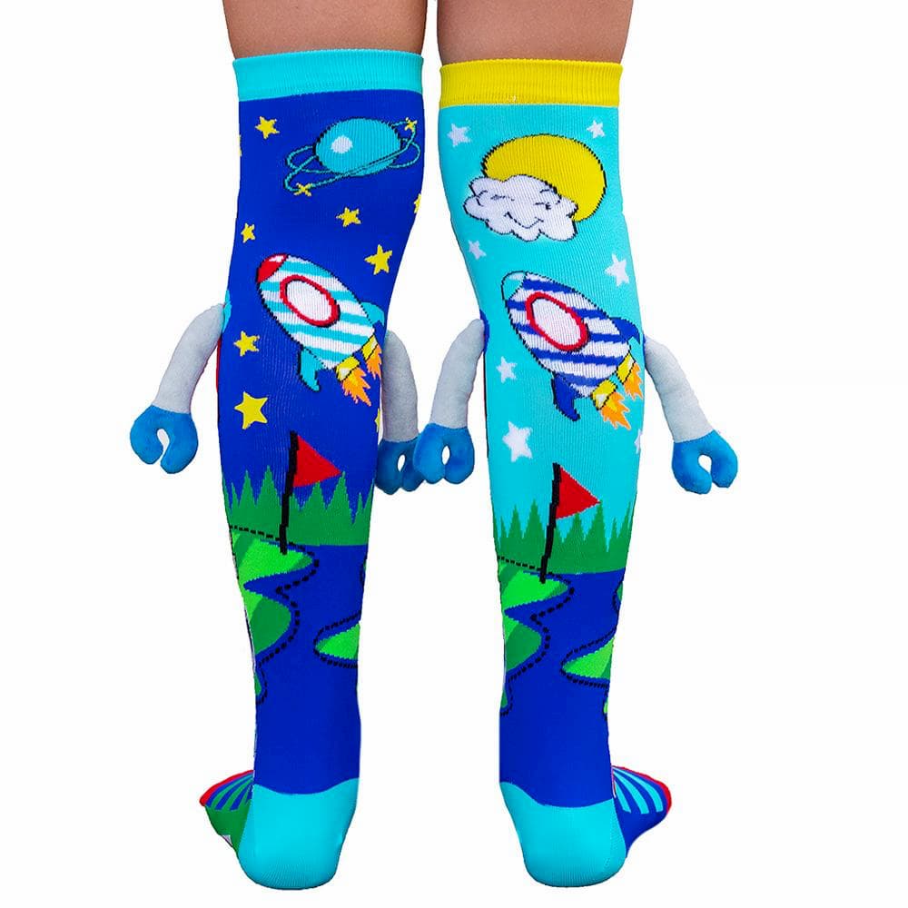 back view of colourful kids knee high socks with robot design and robot arms hanging from the sock